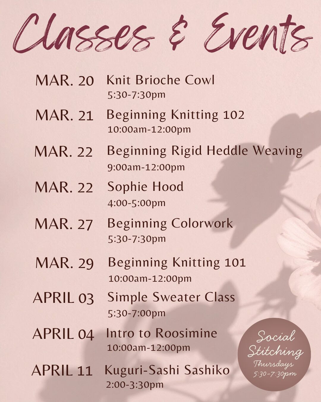 Classes & Events March 20-April 11