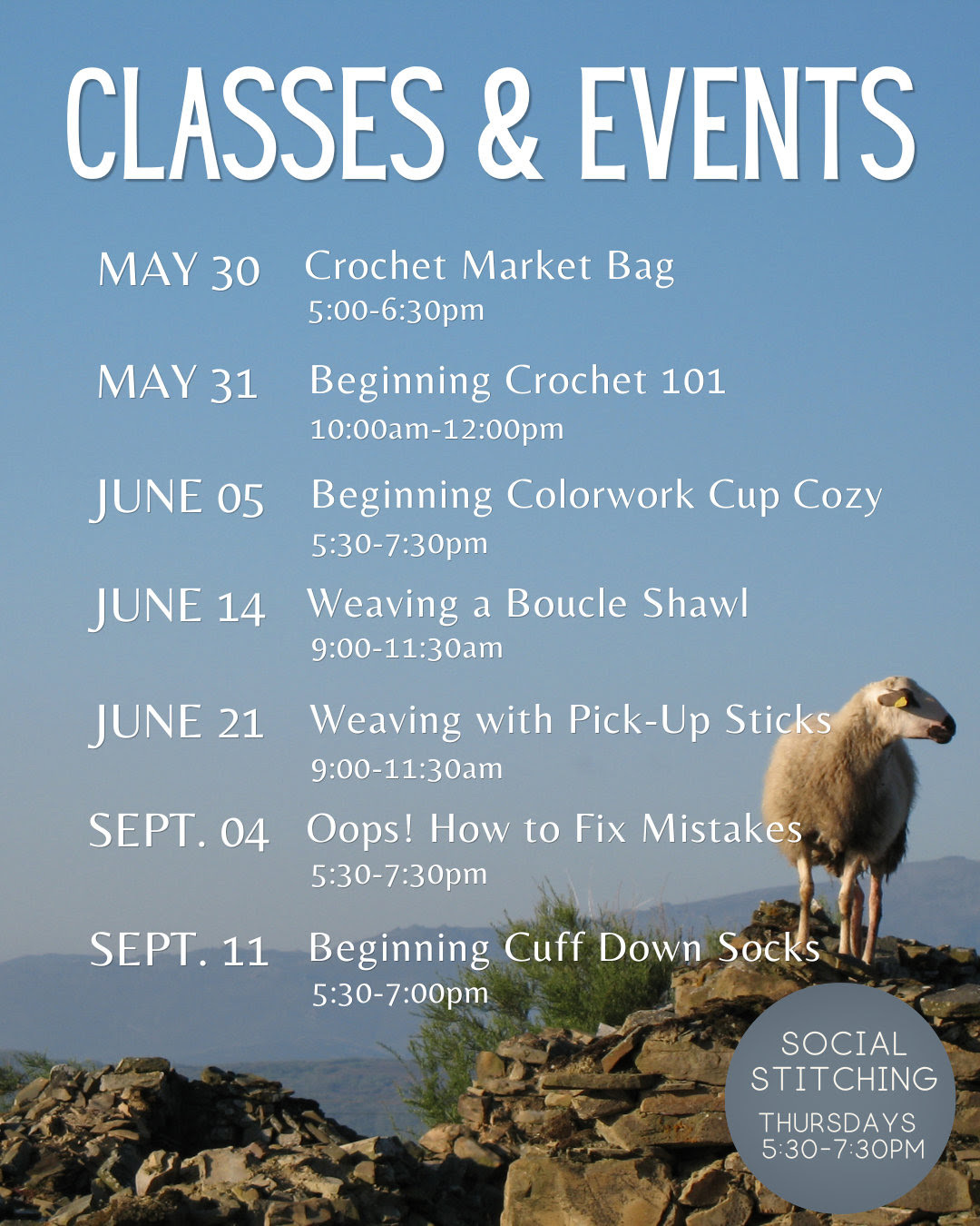 Classes & Events May 30-September 11