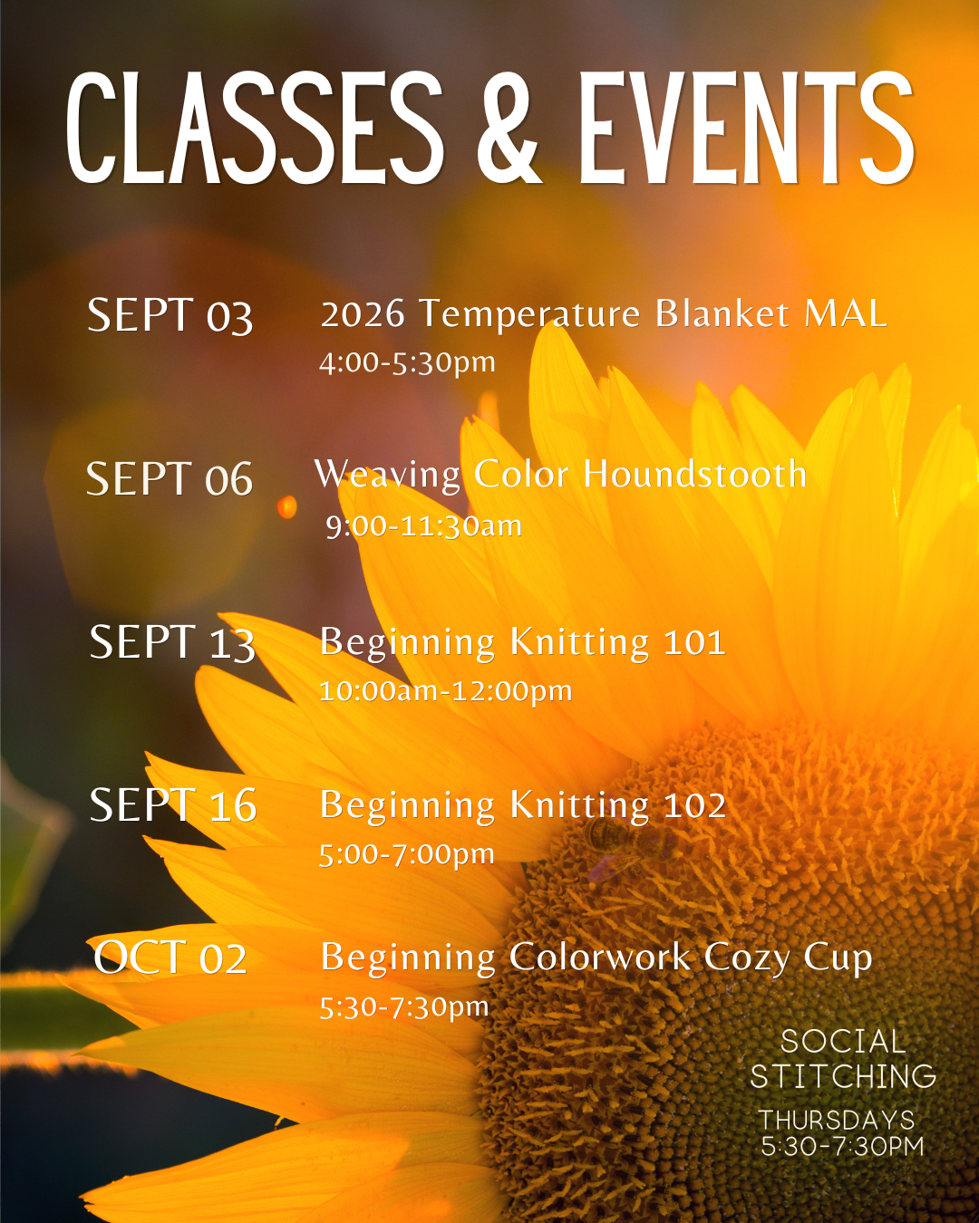 Classes & Events September 3-October 2